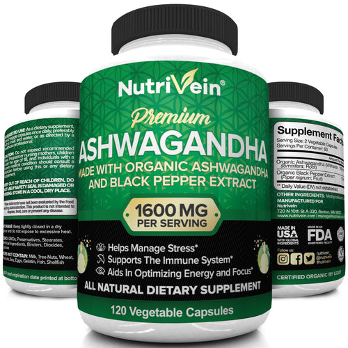 Nutrivein Organic Ashwagandha 1600mg capsules.