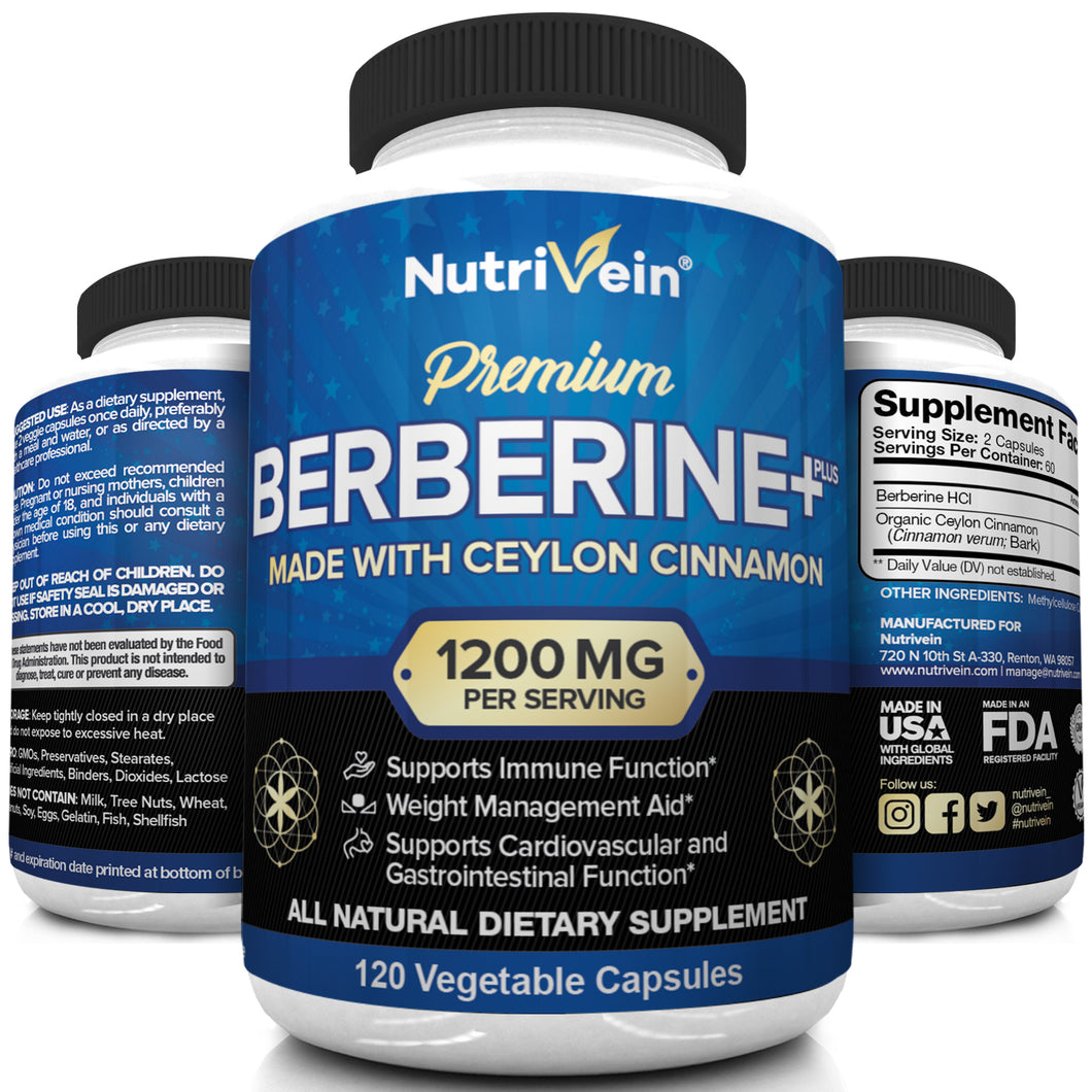 Nutrivein Premium Berberine HCI 1200mg Plus Organic Ceylon Cinnamon - 120 Capsules